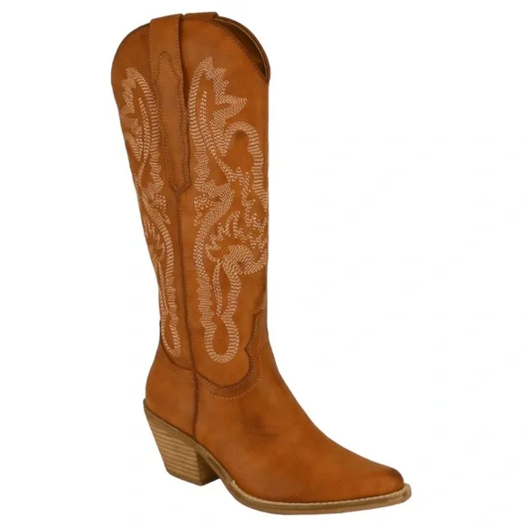 Size 11 Beast Fashion Camel Faux Suede Embroidered Tall Western Cowboy Boot - Picture 1 of 6